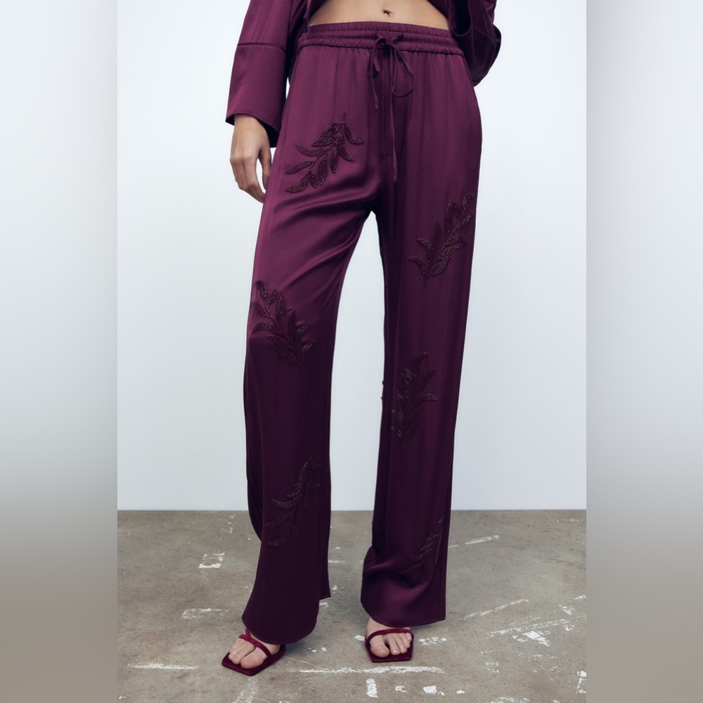 NEW Zara Beaded Embroidered High Waist Purple Pants 2731/295 Small